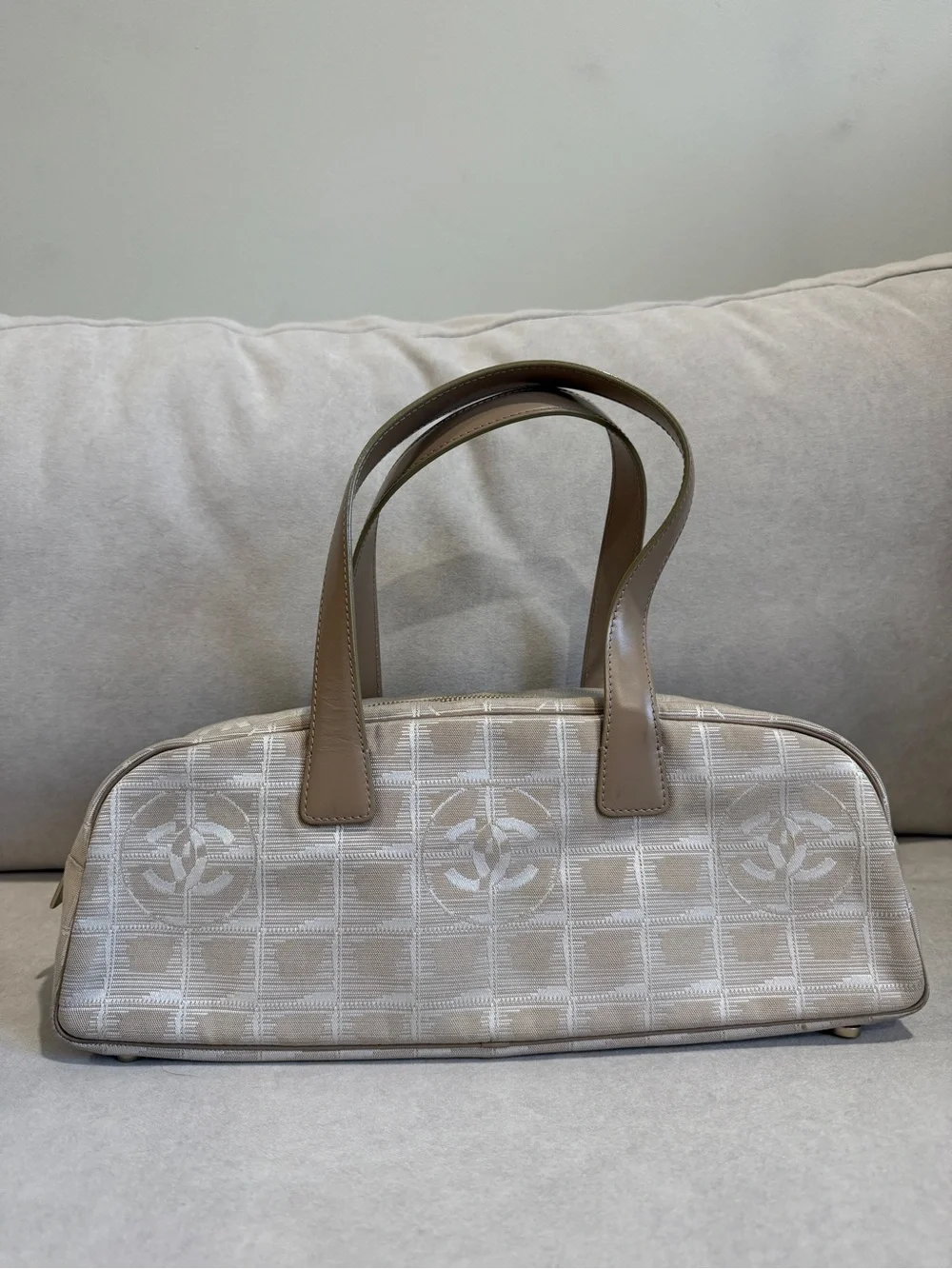 CHANEL Beige Logo Jacquard Satchel with Tan Leather Handles